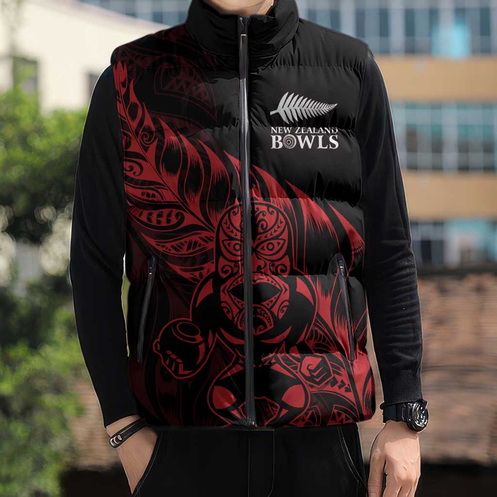 New Zealand Lawn Bowls Custom Sleeveless Puffer Jacket Red Maori Warrior Tribal Silver Fern - Polynesian Pride