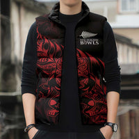 New Zealand Lawn Bowls Custom Sleeveless Puffer Jacket Red Maori Warrior Tribal Silver Fern - Polynesian Pride