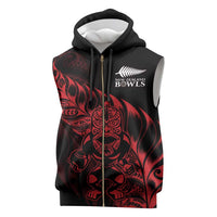 New Zealand Lawn Bowls Custom Sleeveless Zip Hoodie Red Maori Warrior Tribal Silver Fern - Polynesian Pride