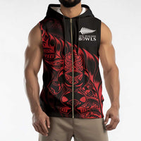 New Zealand Lawn Bowls Custom Sleeveless Zip Hoodie Red Maori Warrior Tribal Silver Fern - Polynesian Pride