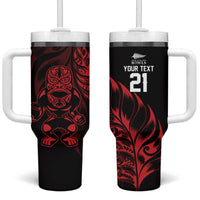 New Zealand Lawn Bowls Custom Tumbler With Handle Red Maori Warrior Tribal Silver Fern - Polynesian Pride
