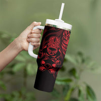 New Zealand Lawn Bowls Custom Tumbler With Handle Red Maori Warrior Tribal Silver Fern - Polynesian Pride