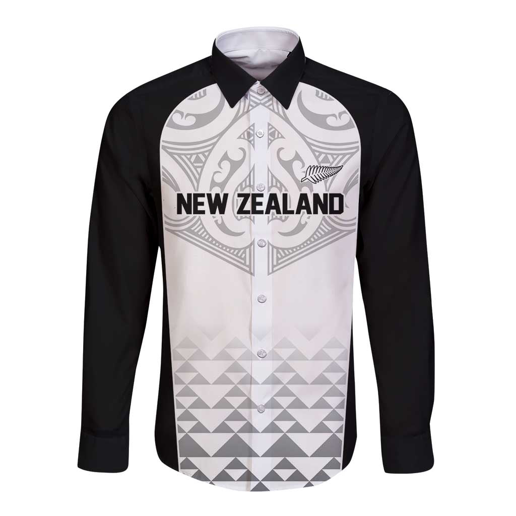 World Football 2026 New Zealand Custom Long Sleeve Button Shirt All White Fern Maori Tribal - Polynesian Pride