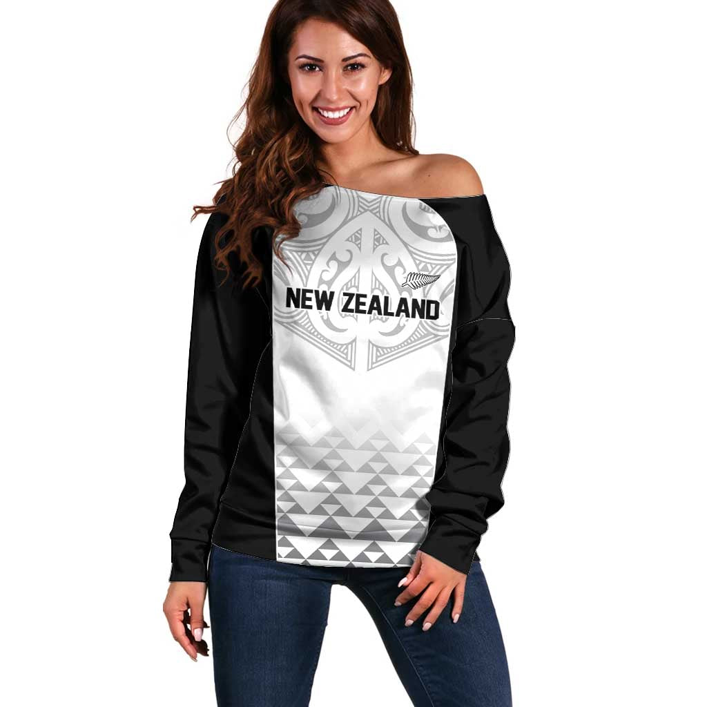 World Football 2026 New Zealand Custom Off Shoulder Sweater All White Fern Maori Tribal - Polynesian Pride