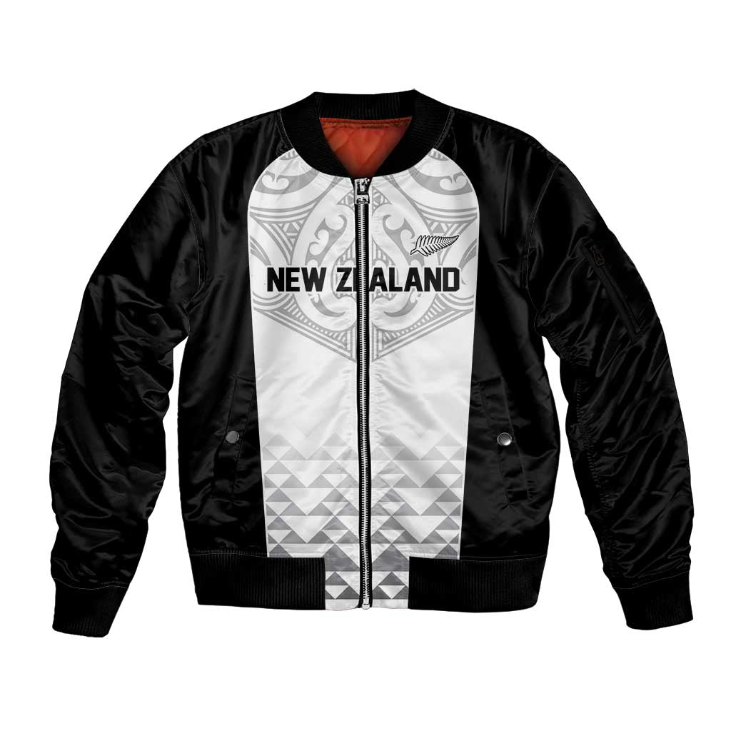 World Football 2026 New Zealand Custom Sleeve Zip Bomber Jacket All White Fern Maori Tribal - Polynesian Pride