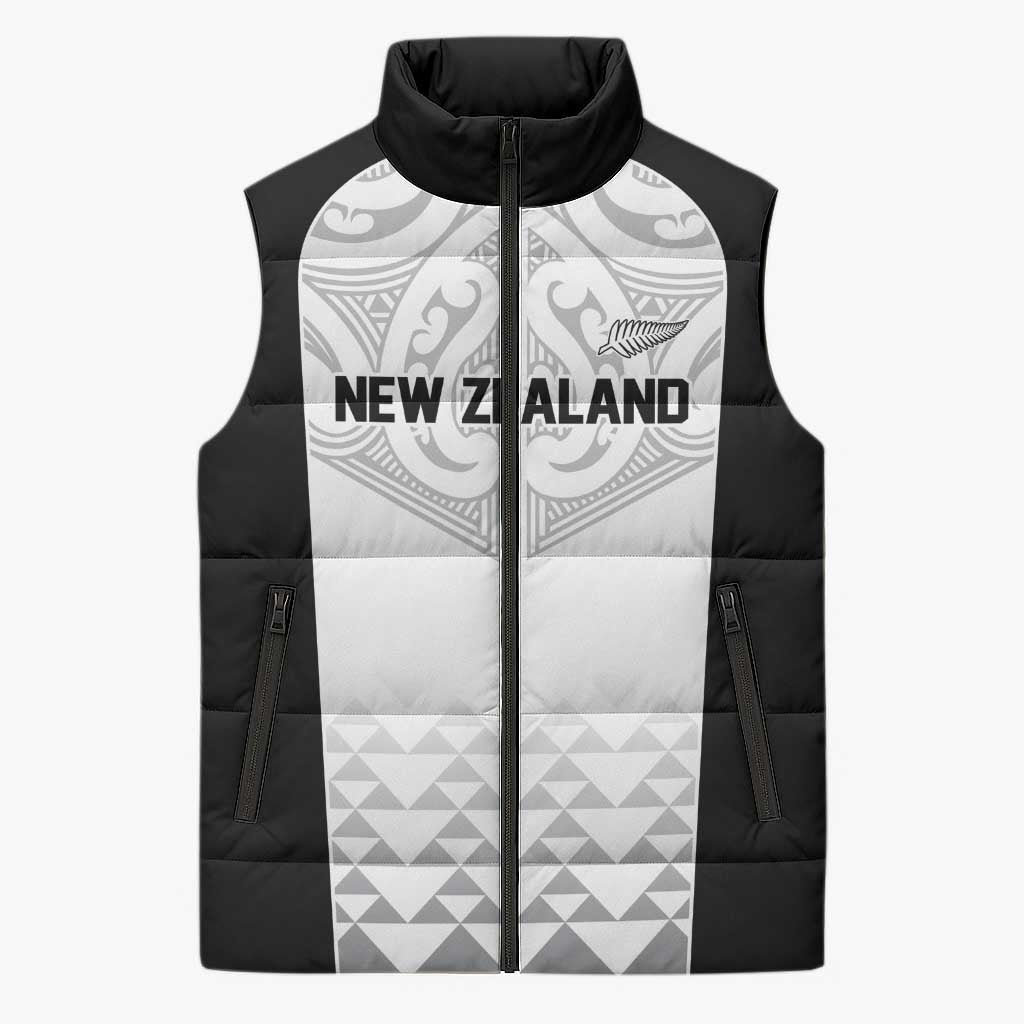 World Football 2026 New Zealand Custom Sleeveless Puffer Jacket All White Fern Maori Tribal - Polynesian Pride