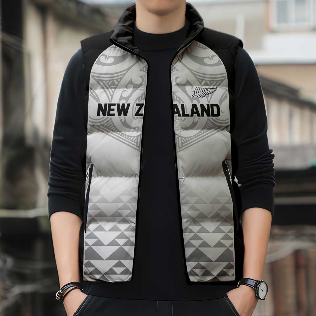 World Football 2026 New Zealand Custom Sleeveless Puffer Jacket All White Fern Maori Tribal - Polynesian Pride