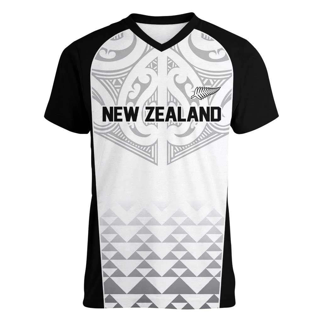 World Football 2026 New Zealand Custom Women V-Neck T-Shirt All White Fern Maori Tribal - Polynesian Pride