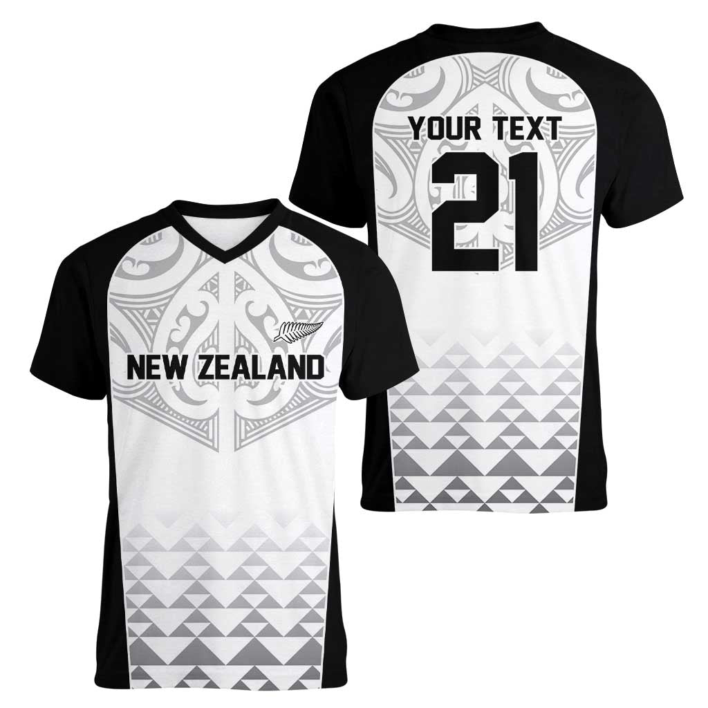 World Football 2026 New Zealand Custom Women V-Neck T-Shirt All White Fern Maori Tribal - Polynesian Pride