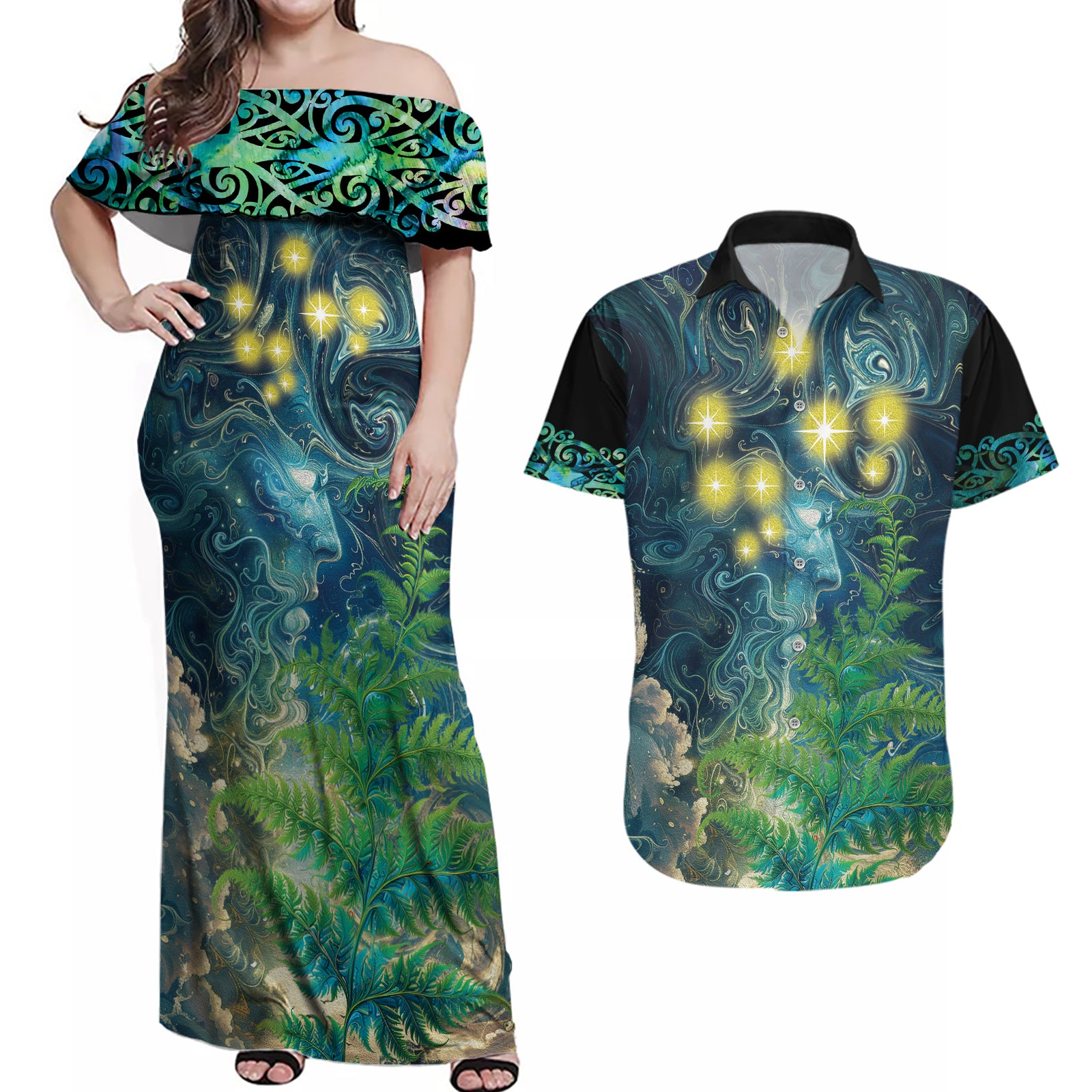 New Zealand Matariki Waipuna-a-rangi Couples Matching Off Shoulder Maxi Dress and Hawaiian Shirt He Roimata o Rangi LT9 Black - Polynesian Pride