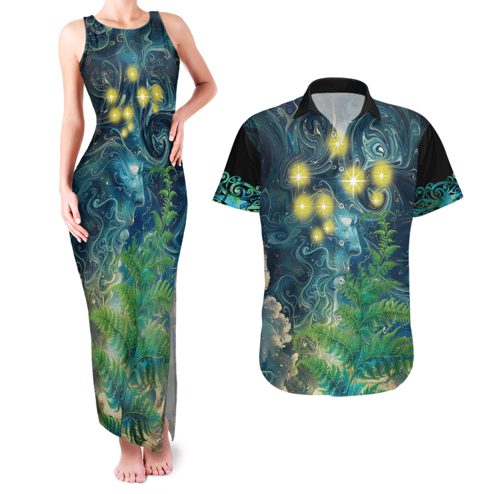 New Zealand Matariki Waipuna-a-rangi Couples Matching Tank Maxi Dress and Hawaiian Shirt He Roimata o Rangi LT9 Black - Polynesian Pride