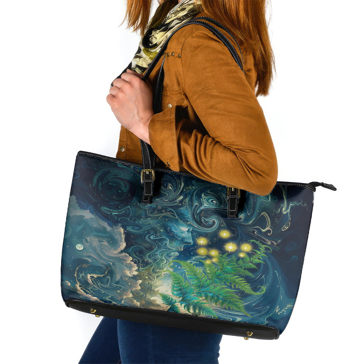 New Zealand Matariki Waipuna-a-rangi Leather Tote Bag He Roimata o Rangi LT9 Black - Polynesian Pride