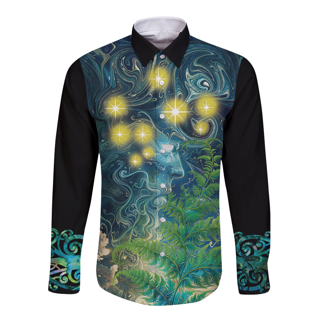 New Zealand Matariki Waipuna-a-rangi Long Sleeve Button Shirt He Roimata o Rangi LT9 Unisex Black - Polynesian Pride