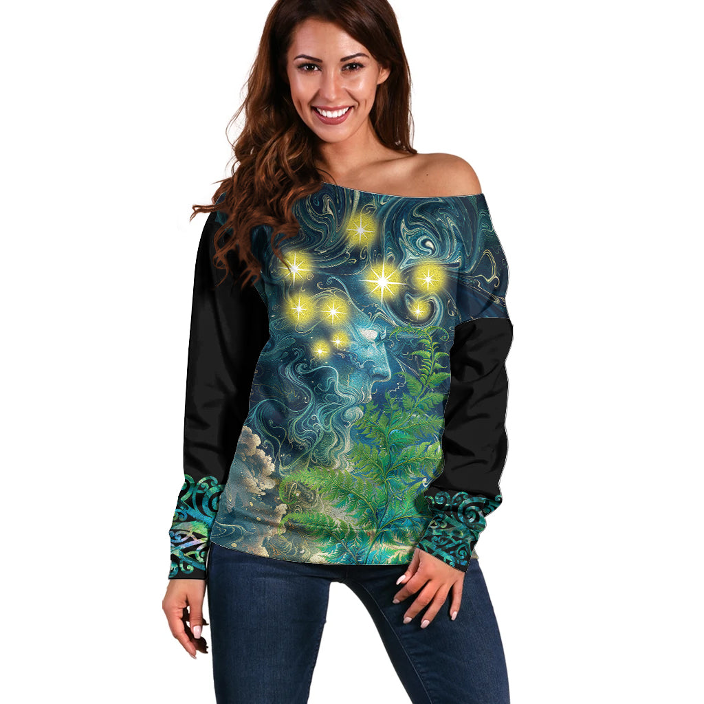 New Zealand Matariki Waipuna-a-rangi Off Shoulder Sweater He Roimata o Rangi LT9 Women Black - Polynesian Pride
