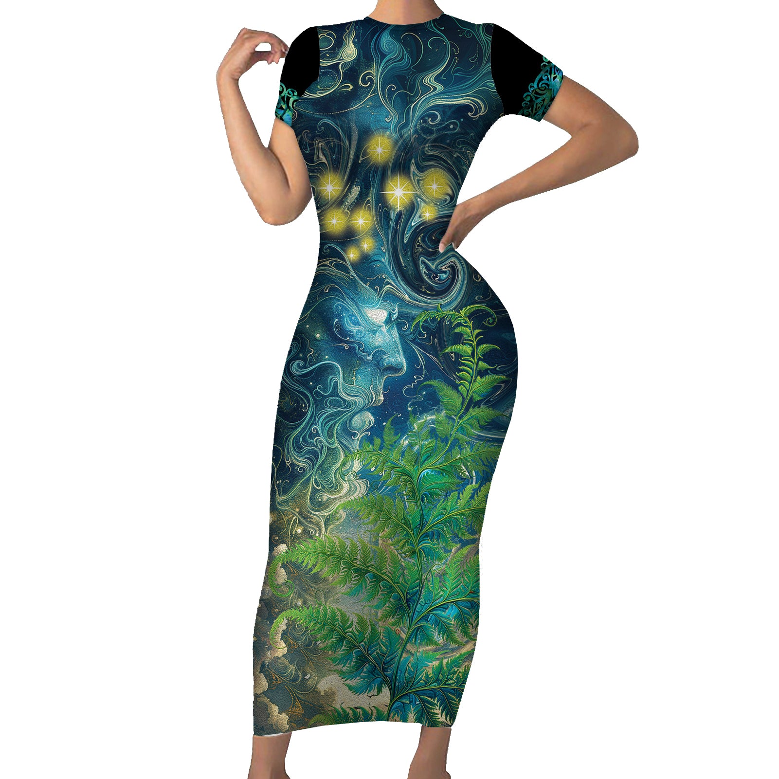 New Zealand Matariki Waipuna-a-rangi Short Sleeve Bodycon Dress He Roimata o Rangi