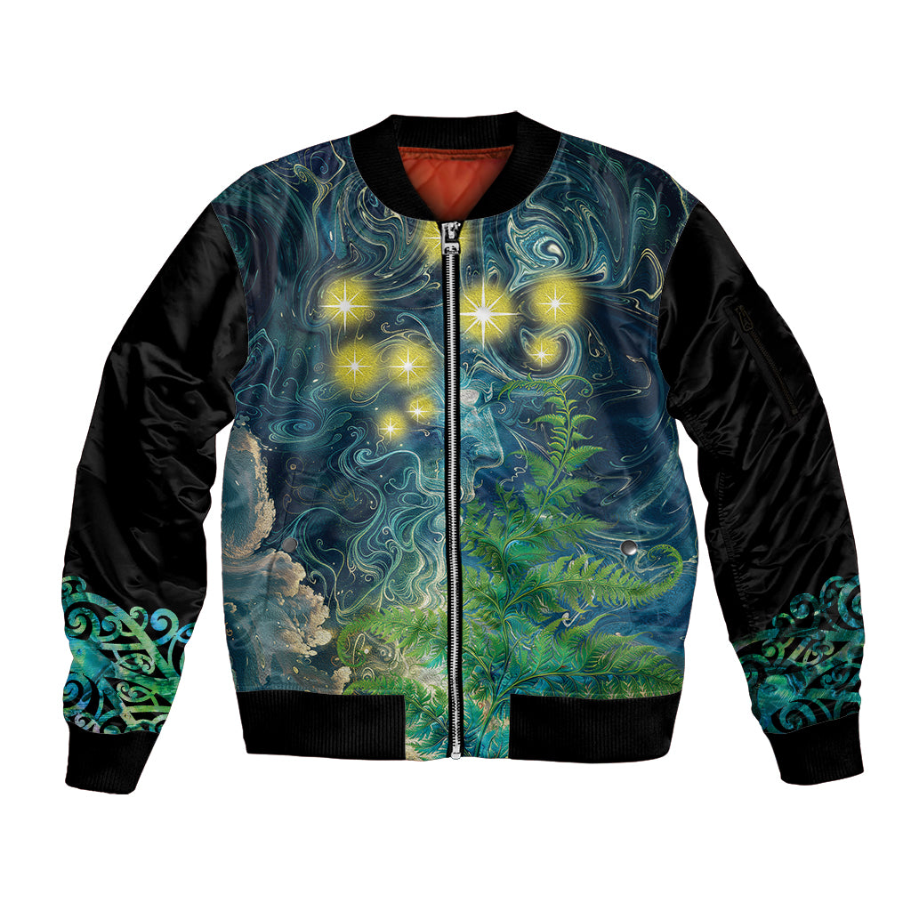 New Zealand Matariki Waipuna-a-rangi Sleeve Zip Bomber Jacket He Roimata o Rangi LT9 Unisex Black - Polynesian Pride