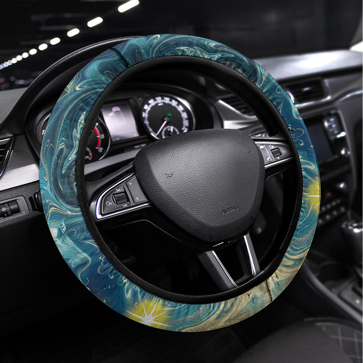 New Zealand Matariki Waipuna-a-rangi Steering Wheel Cover He Roimata o Rangi LT9 Universal Fit Black - Polynesian Pride