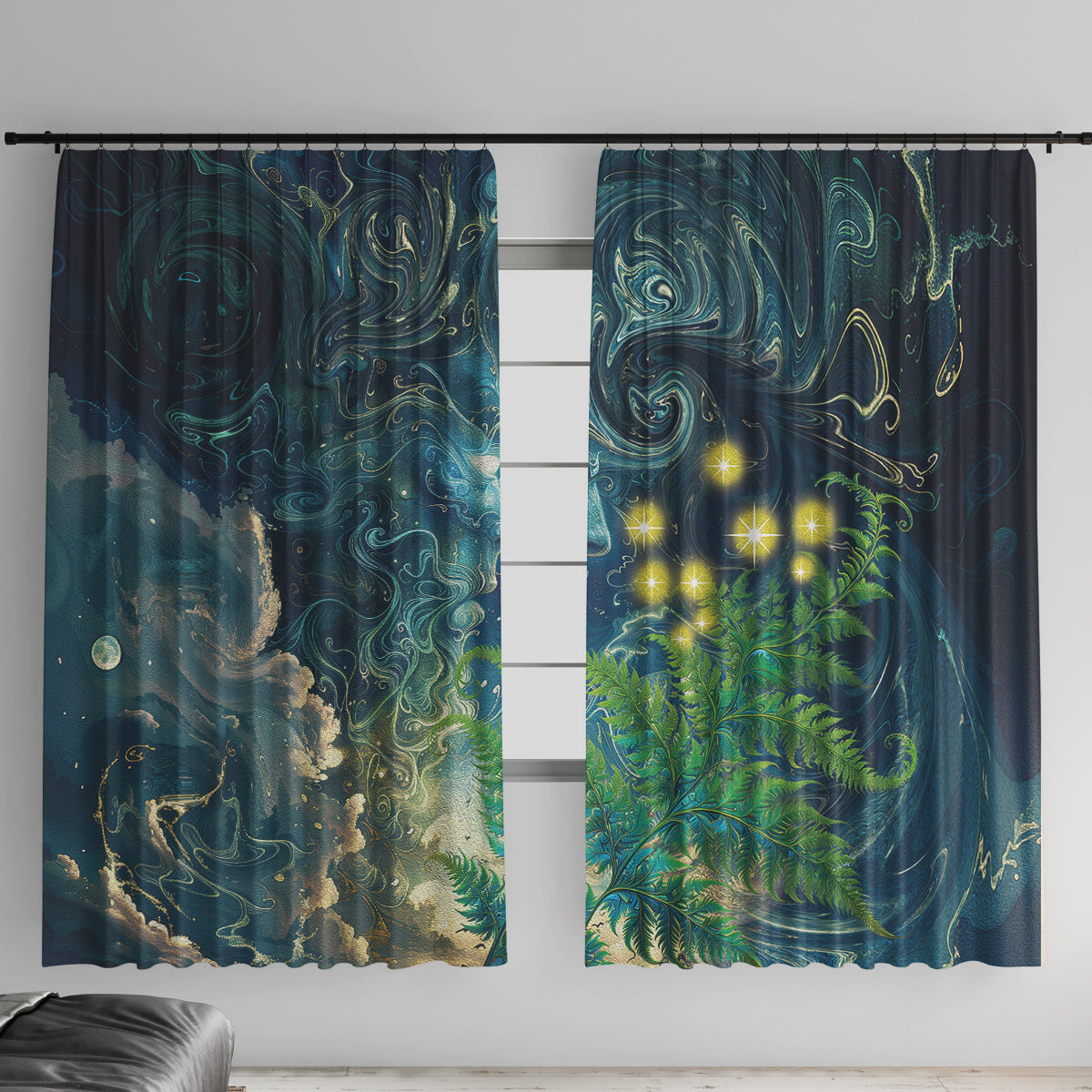 New Zealand Matariki Waipuna-a-rangi Window Curtain He Roimata o Rangi LT9 With Hooks Black - Polynesian Pride