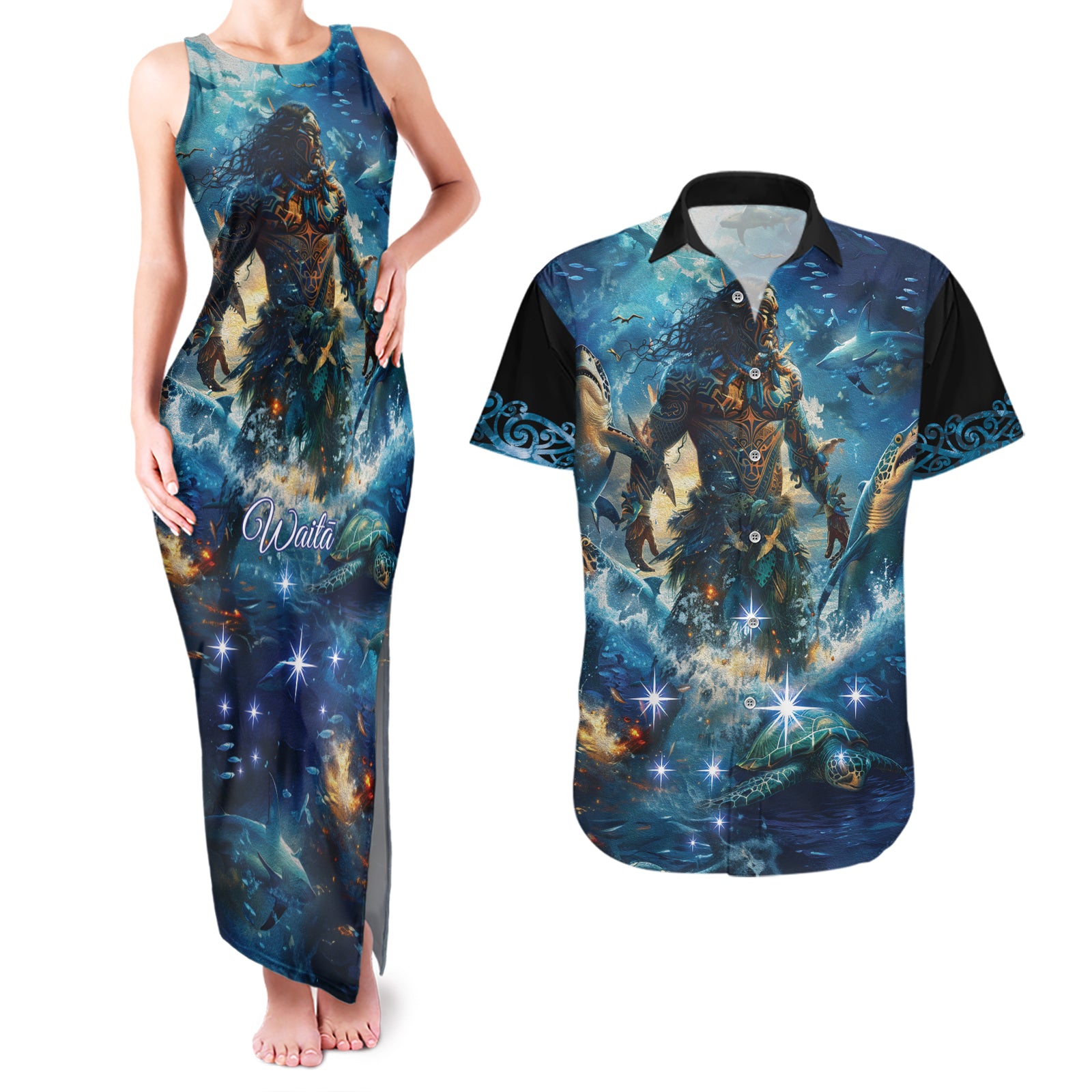 New Zealand Matariki Waita Couples Matching Tank Maxi Dress and Hawaiian Shirt The Way Of The Water LT9 Black - Polynesian Pride