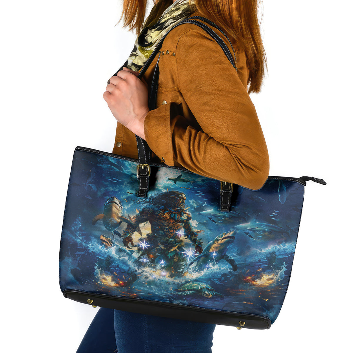 New Zealand Matariki Waita Leather Tote Bag The Way Of The Water LT9 Black - Polynesian Pride