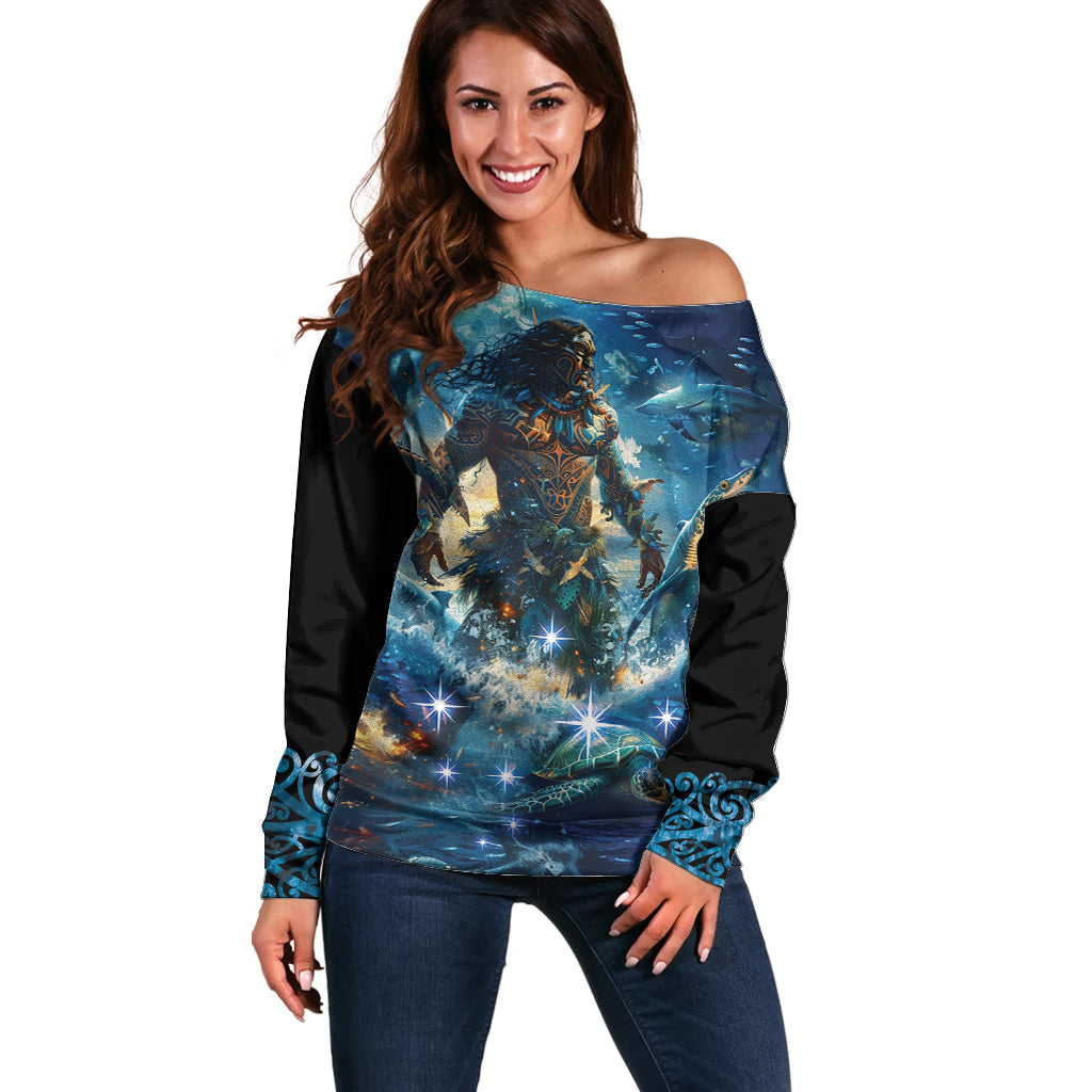 New Zealand Matariki Waita Off Shoulder Sweater The Way Of The Water LT9 Women Black - Polynesian Pride