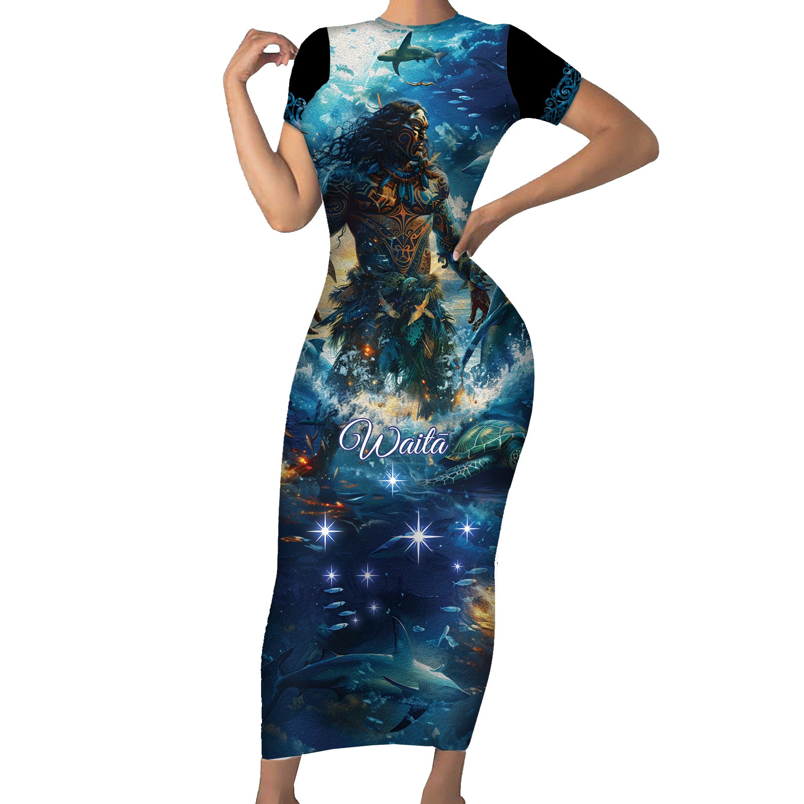 New Zealand Matariki Waita Short Sleeve Bodycon Dress The Way Of The Water