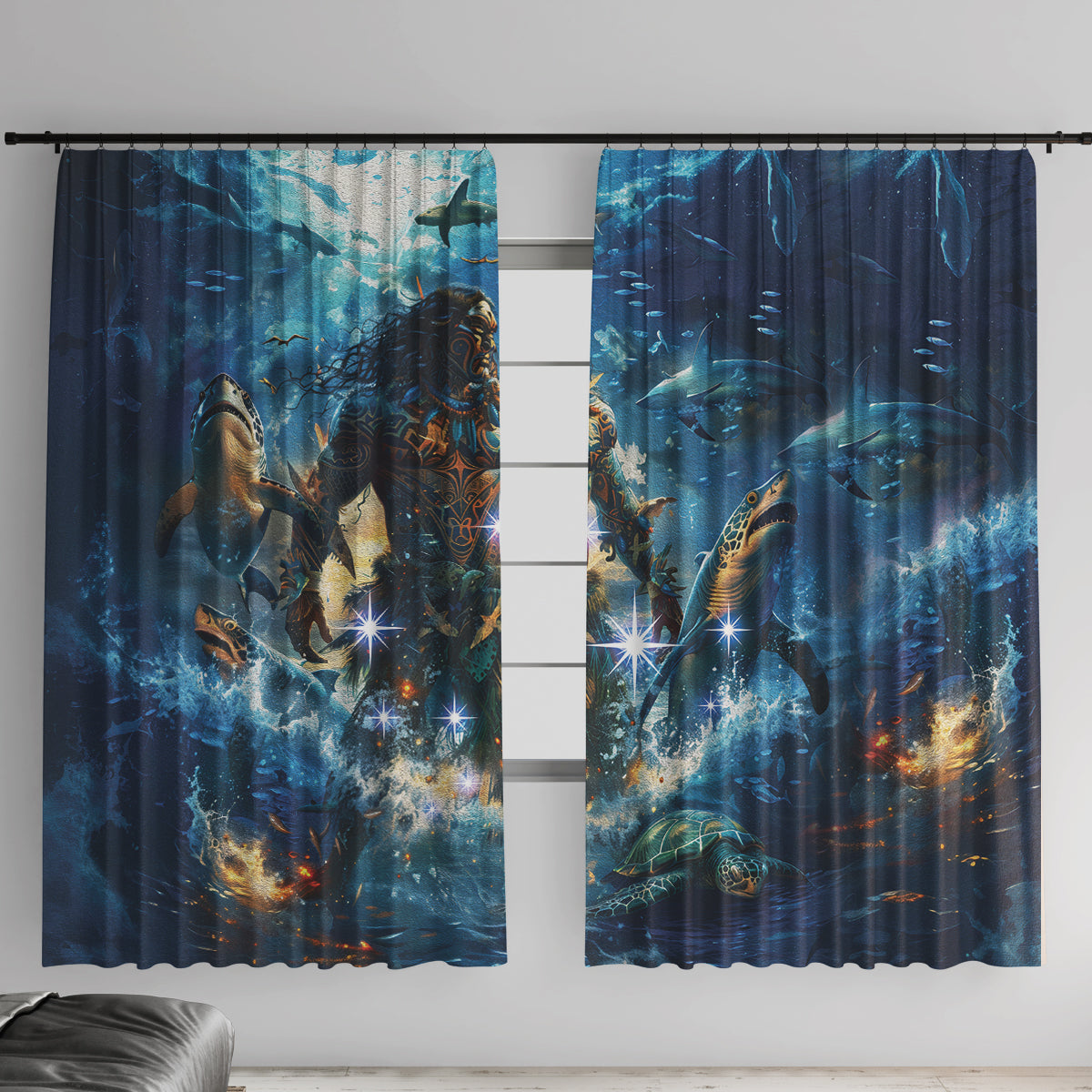 New Zealand Matariki Waita Window Curtain The Way Of The Water LT9 With Hooks Black - Polynesian Pride