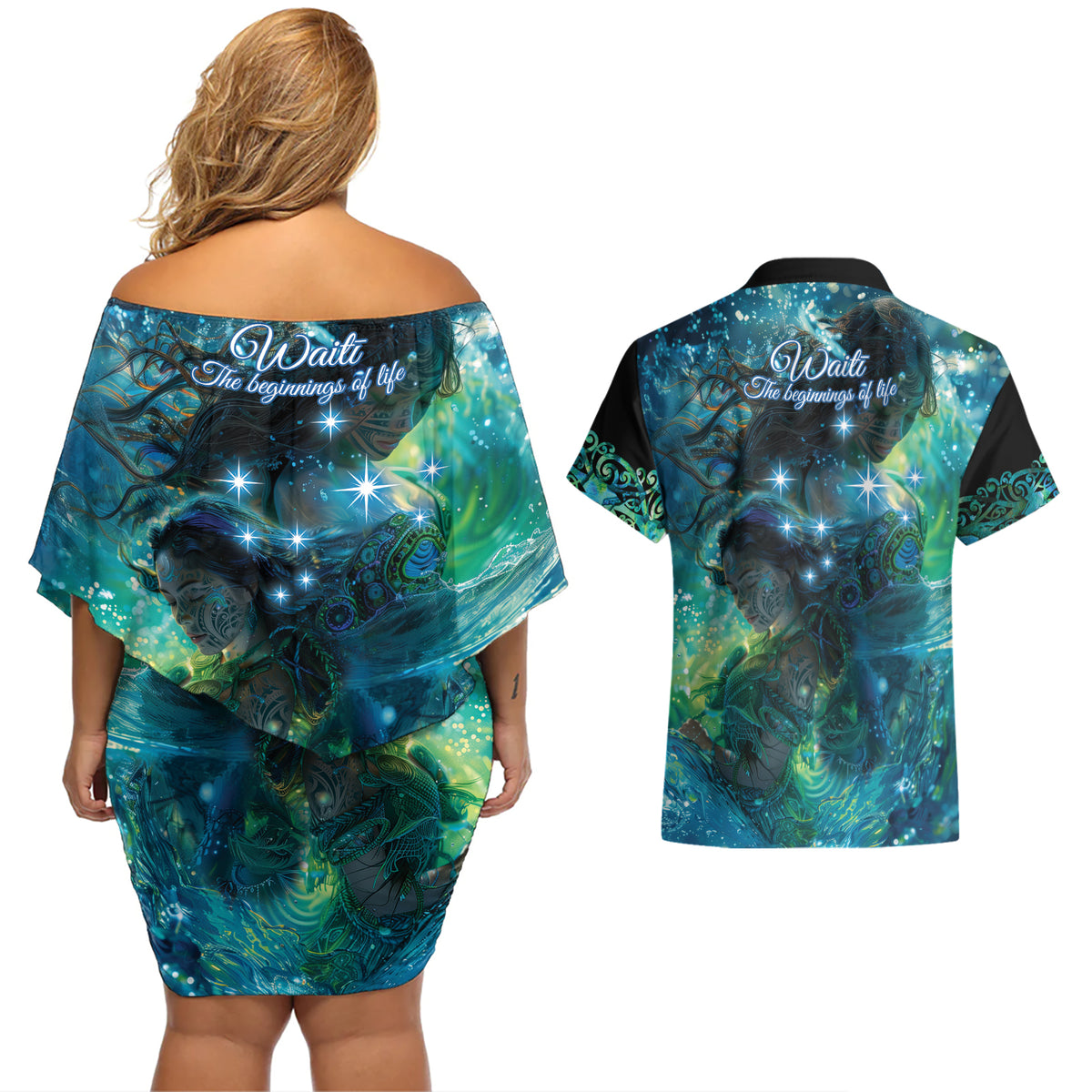 New Zealand Matariki Waiti Couples Matching Off Shoulder Short Dress and Hawaiian Shirt The Beginnings Of Life