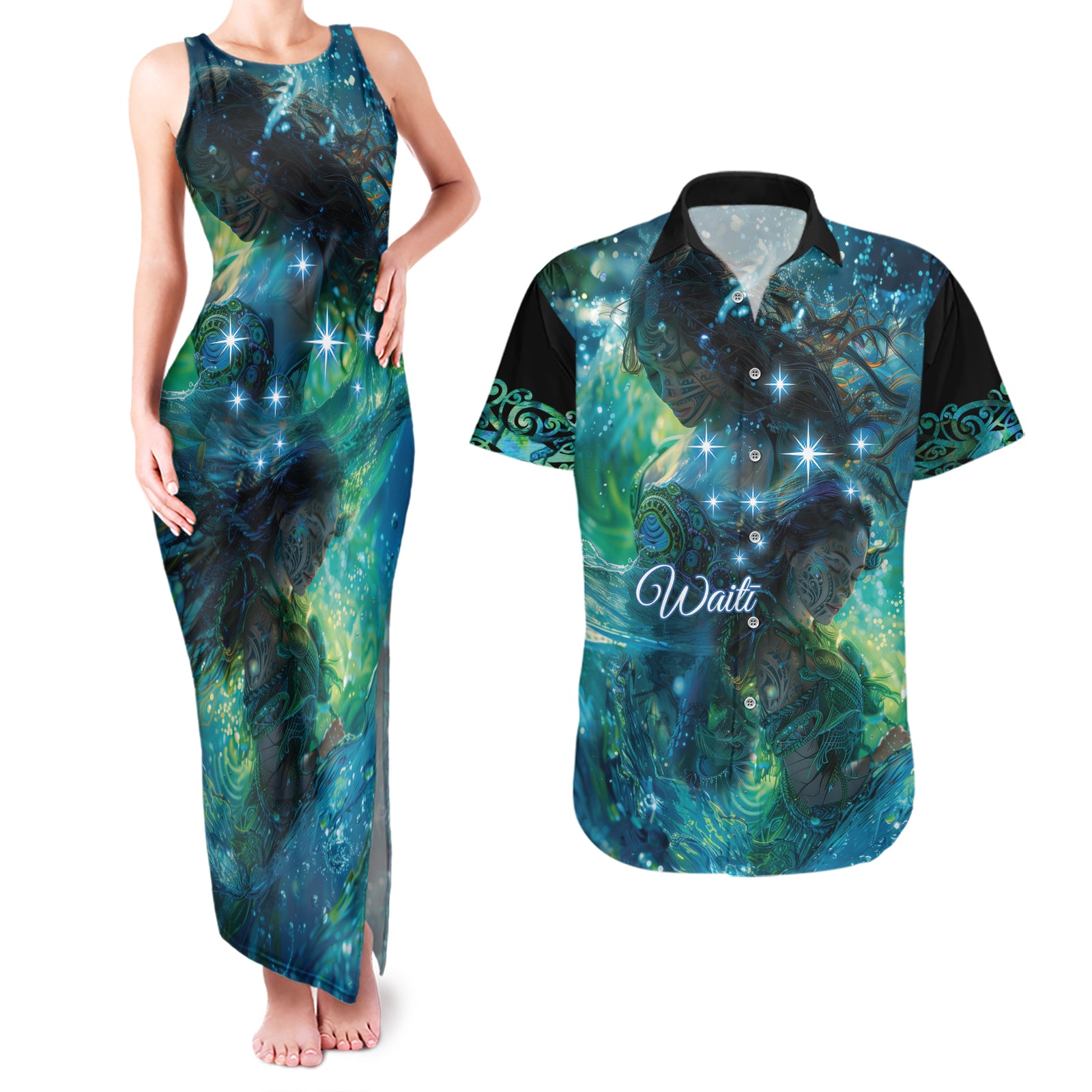 New Zealand Matariki Waiti Couples Matching Tank Maxi Dress and Hawaiian Shirt The Beginnings Of Life LT9 Black - Polynesian Pride