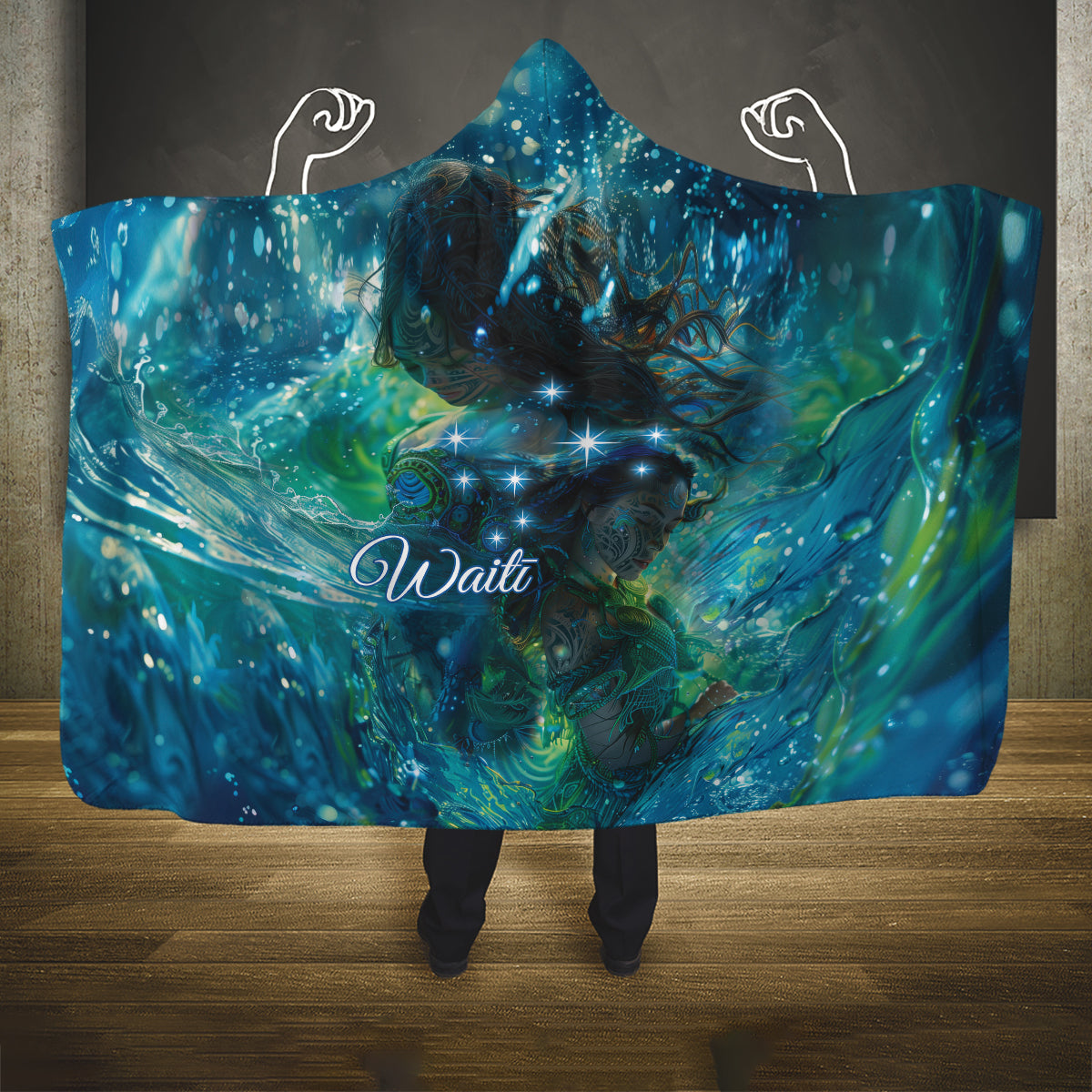 New Zealand Matariki Waiti Hooded Blanket The Beginnings Of Life LT9 One Size Black - Polynesian Pride