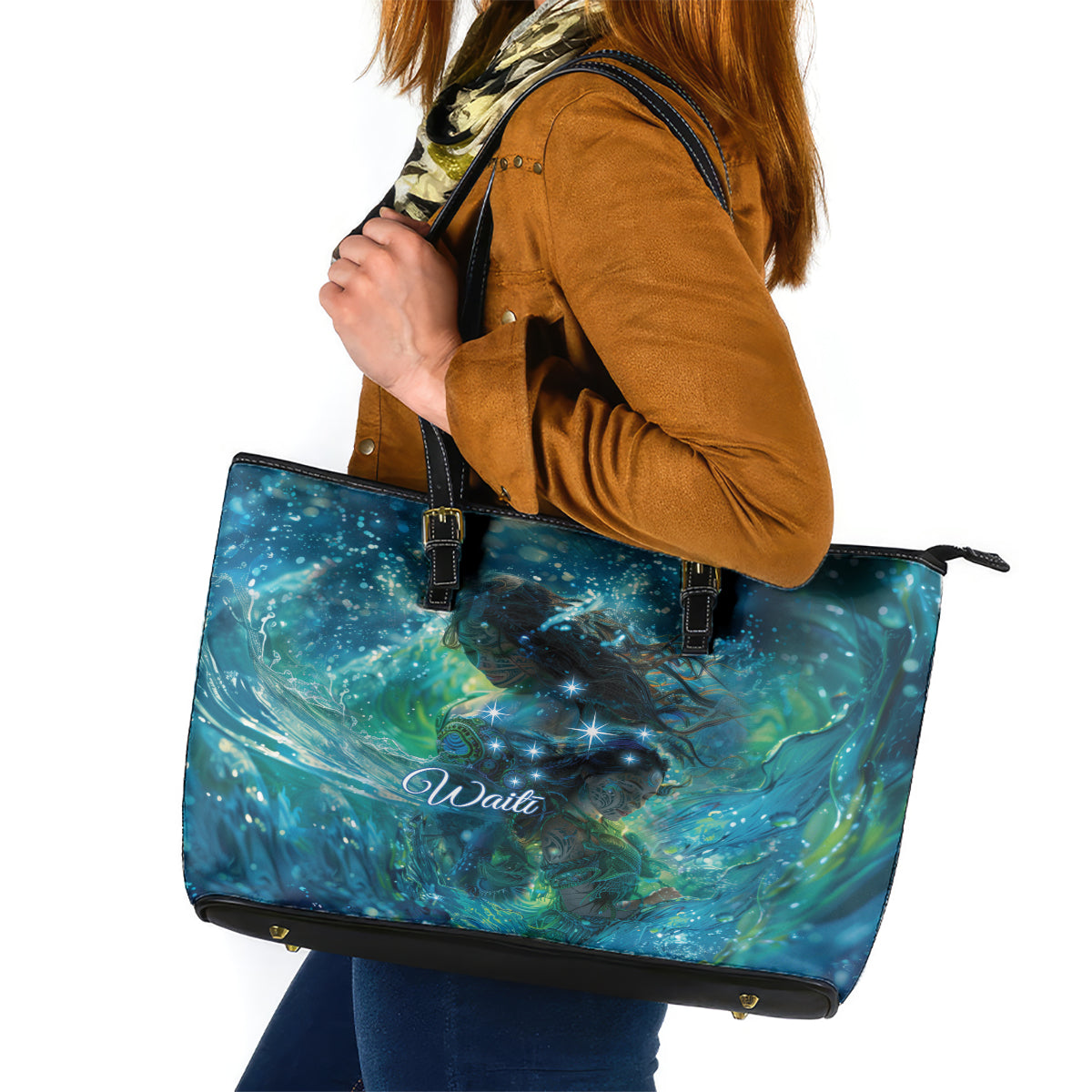 New Zealand Matariki Waiti Leather Tote Bag The Beginnings Of Life LT9 Black - Polynesian Pride