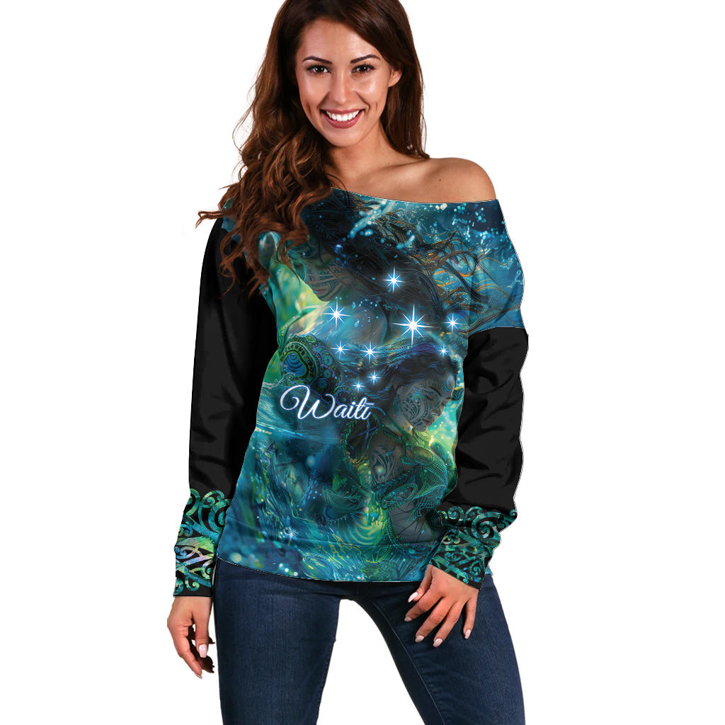 New Zealand Matariki Waiti Off Shoulder Sweater The Beginnings Of Life LT9 Women Black - Polynesian Pride