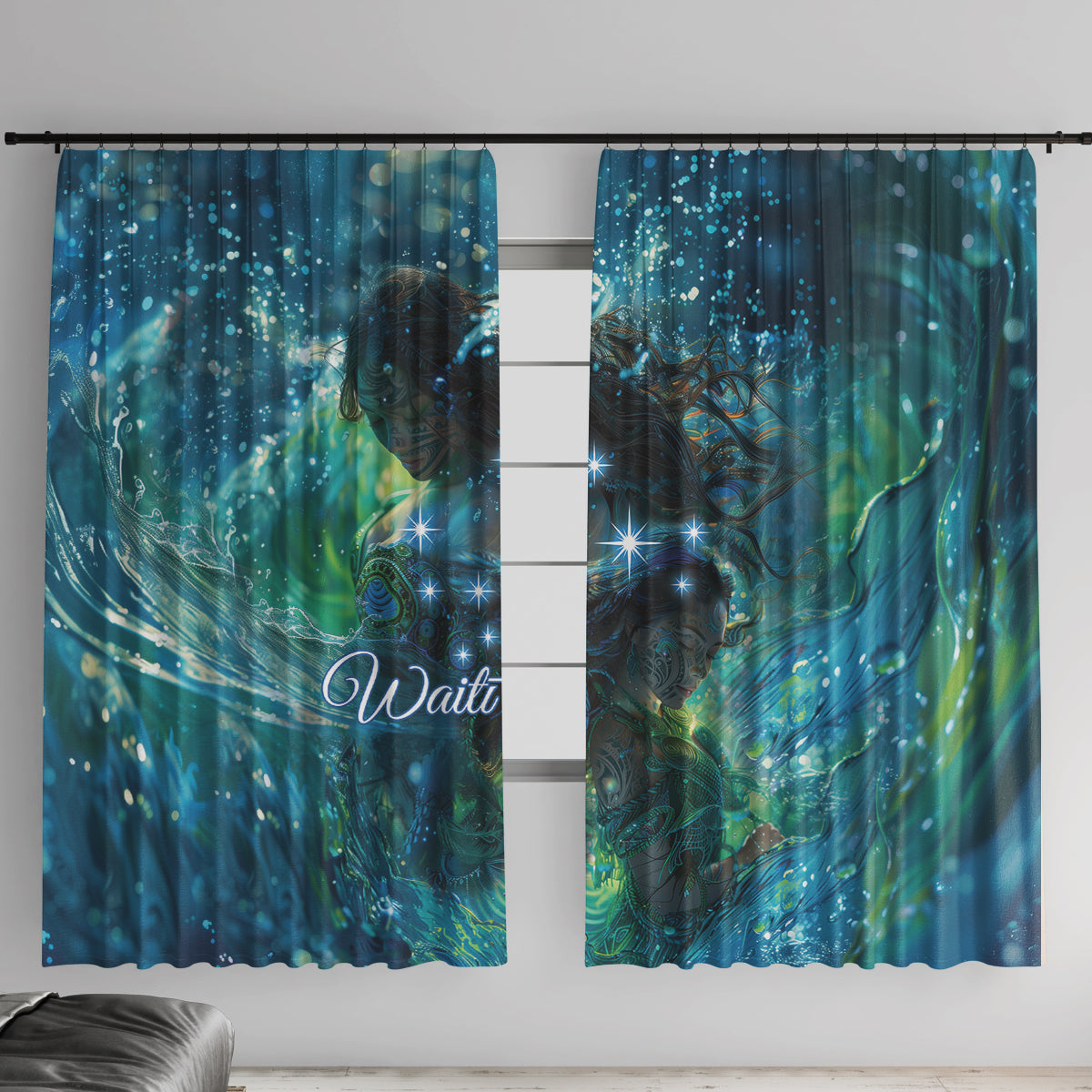 New Zealand Matariki Waiti Window Curtain The Beginnings Of Life LT9 With Hooks Black - Polynesian Pride