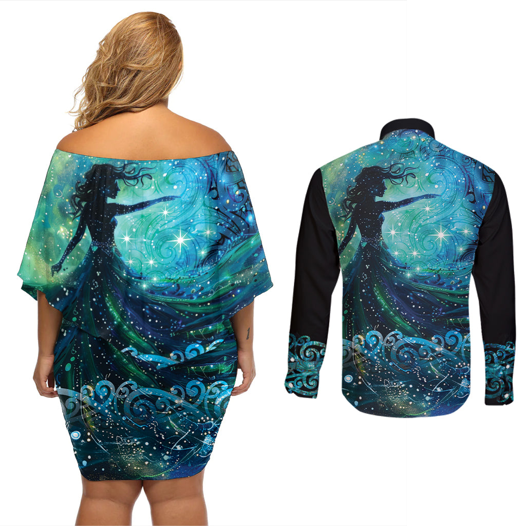 New Zealand Matariki Hiwa-i-te-rangi Couples Matching Off Shoulder Short Dress and Long Sleeve Button Shirt Titiro ki nga Whetu Wishing Star