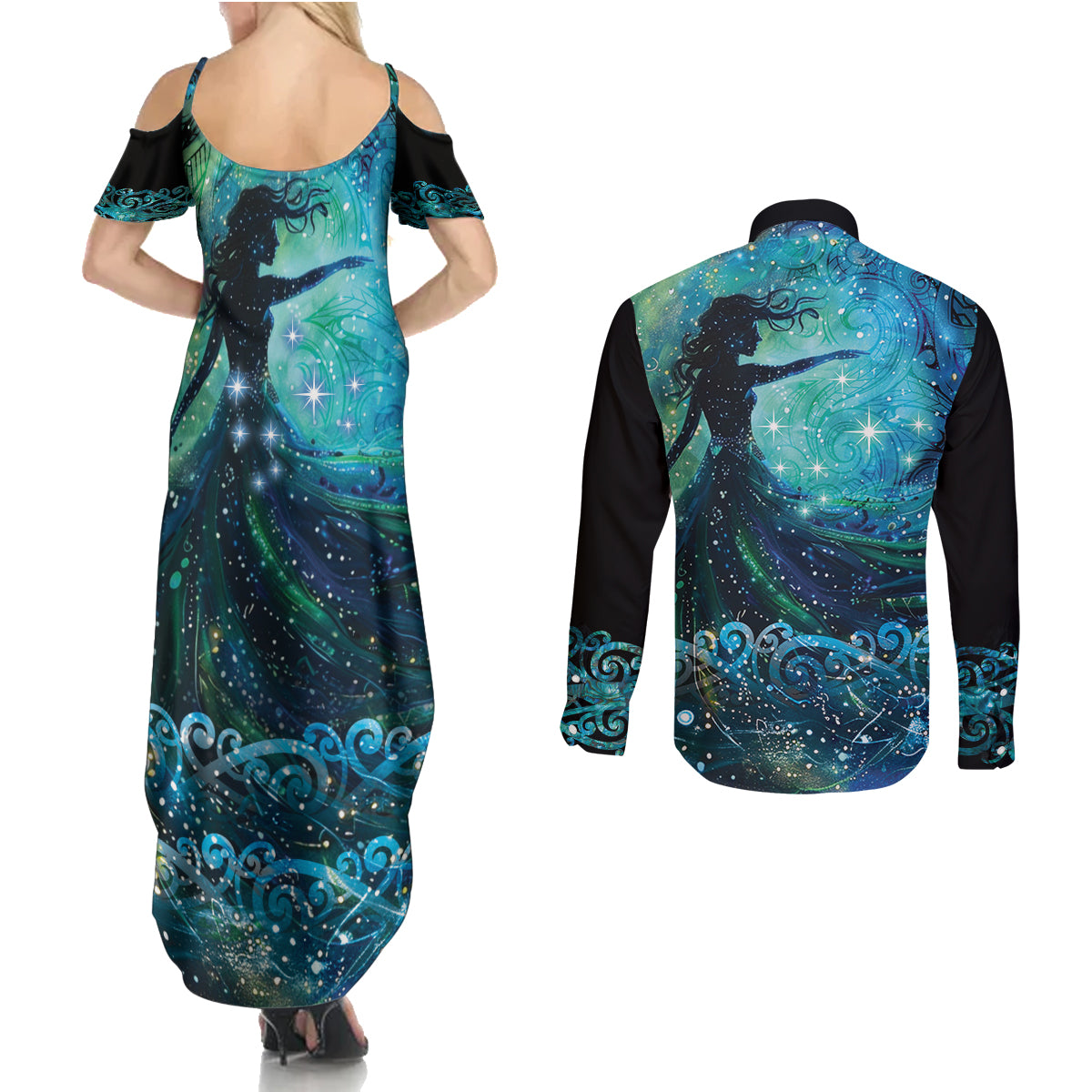 New Zealand Matariki Hiwa-i-te-rangi Couples Matching Summer Maxi Dress and Long Sleeve Button Shirt Titiro ki nga Whetu Wishing Star