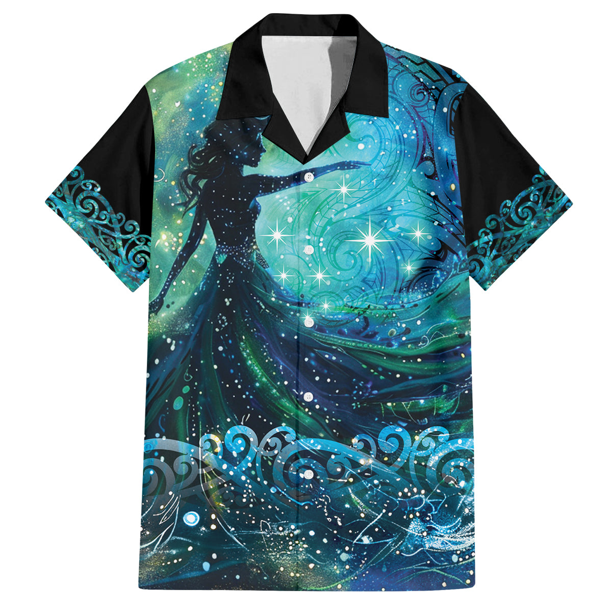 New Zealand Matariki Hiwa-i-te-rangi Family Matching Long Sleeve Bodycon Dress and Hawaiian Shirt Titiro ki nga Whetu Wishing Star LT9 Dad's Shirt - Short Sleeve Black - Polynesian Pride