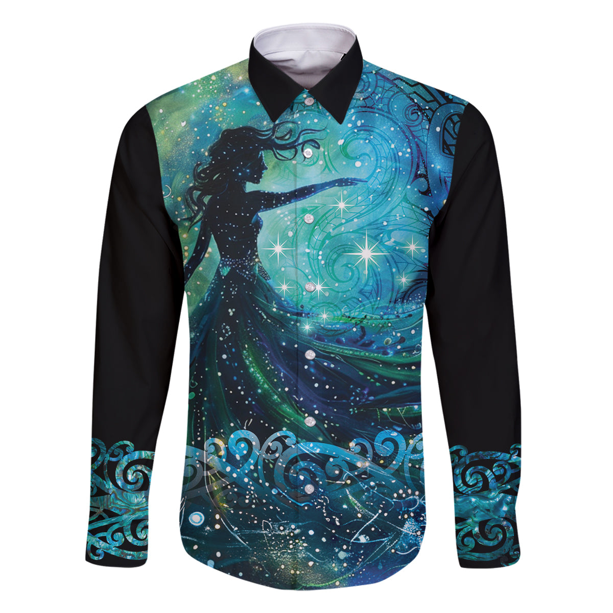 New Zealand Matariki Hiwa-i-te-rangi Family Matching Long Sleeve Bodycon Dress and Hawaiian Shirt Titiro ki nga Whetu Wishing Star LT9 Dad's Shirt - Long Sleeve Black - Polynesian Pride