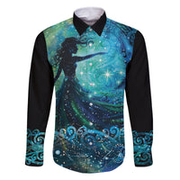 New Zealand Matariki Hiwa-i-te-rangi Family Matching Off The Shoulder Long Sleeve Dress and Hawaiian Shirt Titiro ki nga Whetu Wishing Star LT9 Dad's Shirt - Long Sleeve Black - Polynesian Pride