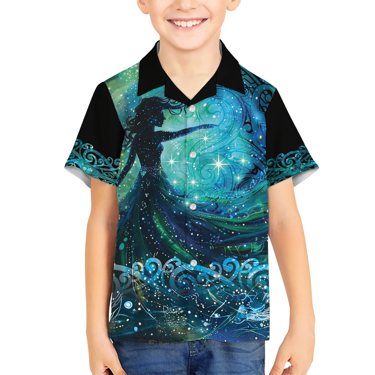 New Zealand Matariki Hiwa-i-te-rangi Family Matching Short Sleeve Bodycon Dress and Hawaiian Shirt Titiro ki nga Whetu Wishing Star LT9 Son's Shirt Black - Polynesian Pride