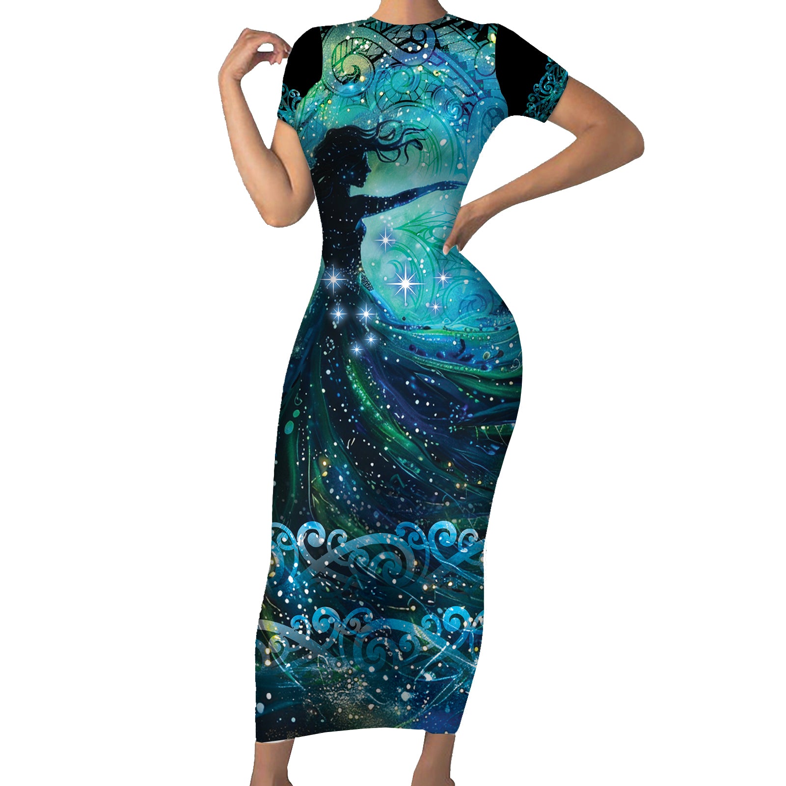 New Zealand Matariki Hiwa-i-te-rangi Short Sleeve Bodycon Dress Titiro ki nga Whetu Wishing Star