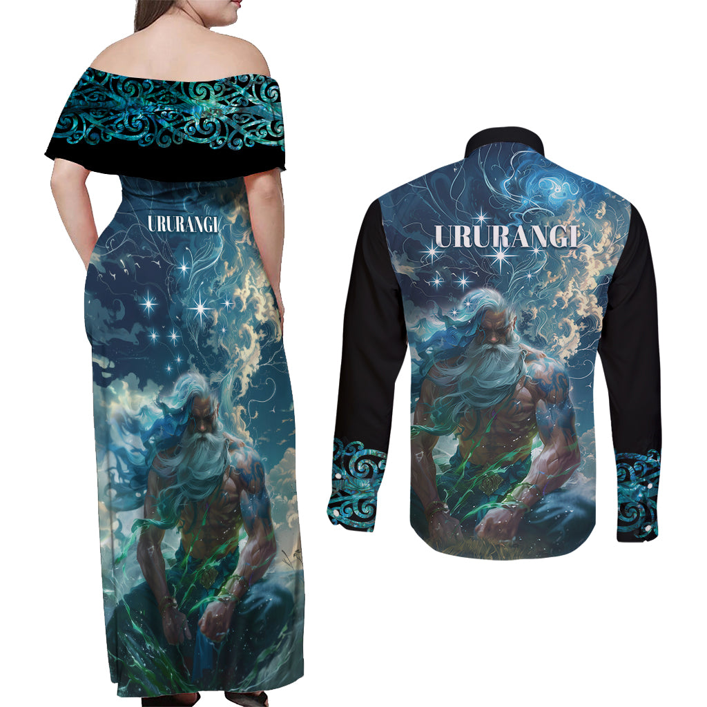 New Zealand Matariki Ururangi Couples Matching Off Shoulder Maxi Dress and Long Sleeve Button Shirt The Murmur Of The Wind