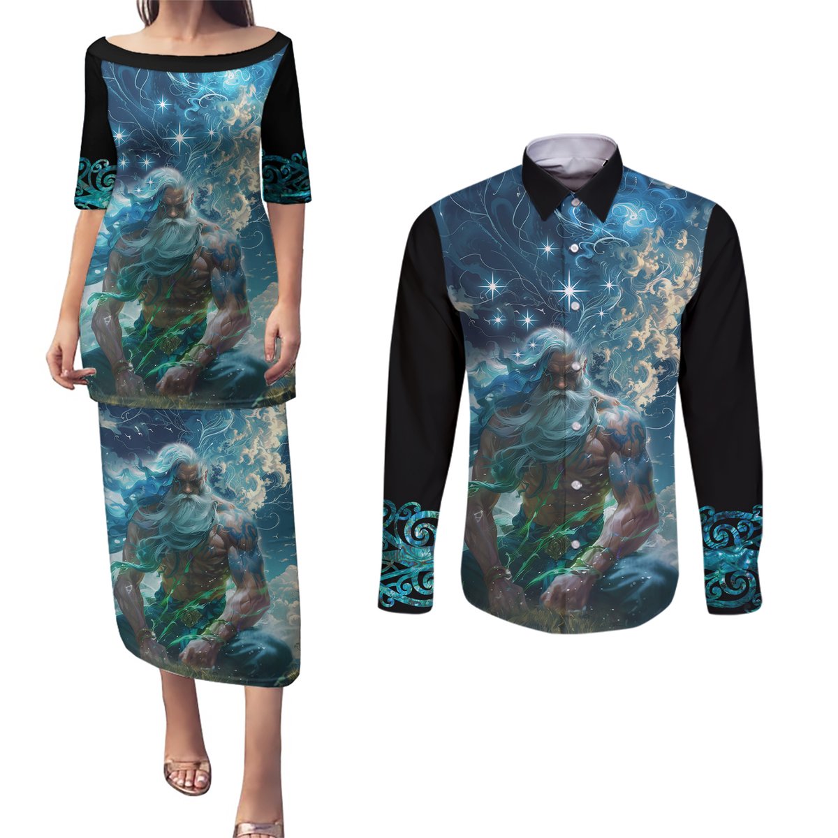 New Zealand Matariki Ururangi Couples Matching Puletasi and Long Sleeve Button Shirt The Murmur Of The Wind LT9 Black - Polynesian Pride