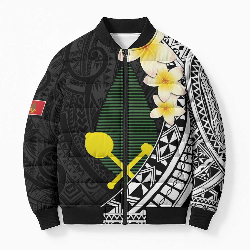 Alo Chiefdom Wallis and Futuna Personalized Bomber Puffer Jacket Frangipani Flowers Polynesian Pattern LT9 Unisex Black - Polynesian Pride