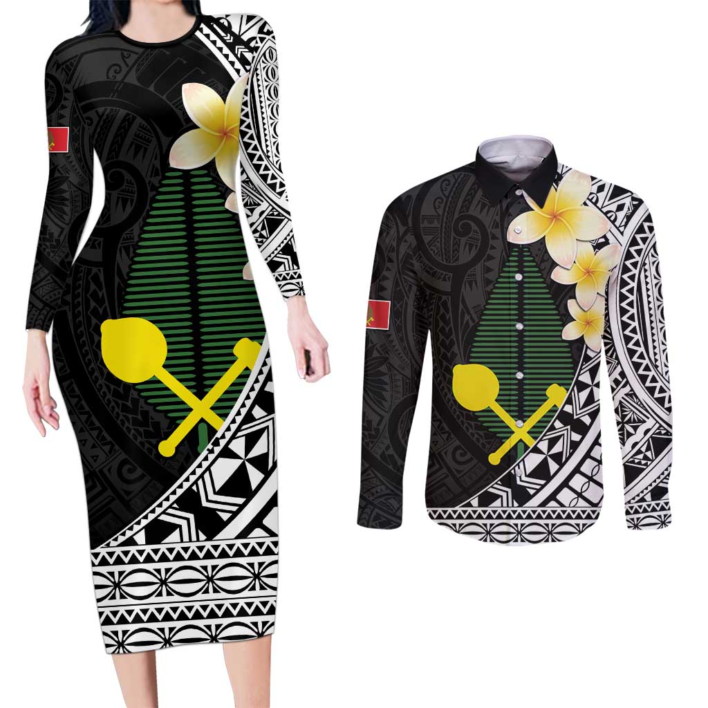 Alo Chiefdom Wallis and Futuna Personalized Couples Matching Long Sleeve Bodycon Dress and Long Sleeve Button Shirt Frangipani Flowers Polynesian Pattern
