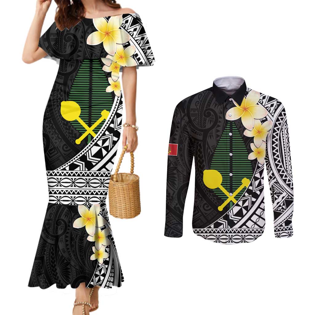 Alo Chiefdom Wallis and Futuna Personalized Couples Matching Mermaid Dress and Long Sleeve Button Shirt Frangipani Flowers Polynesian Pattern