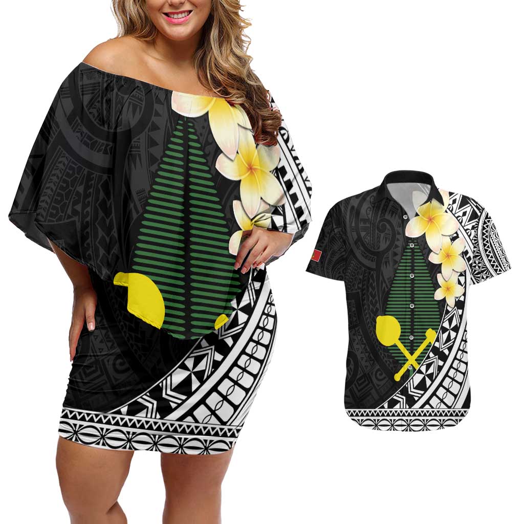 Alo Chiefdom Wallis and Futuna Personalized Couples Matching Off Shoulder Short Dress and Hawaiian Shirt Frangipani Flowers Polynesian Pattern