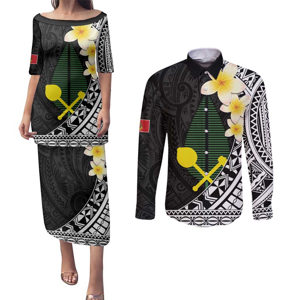 Alo Chiefdom Wallis and Futuna Personalized Couples Matching Puletasi and Long Sleeve Button Shirt Frangipani Flowers Polynesian Pattern