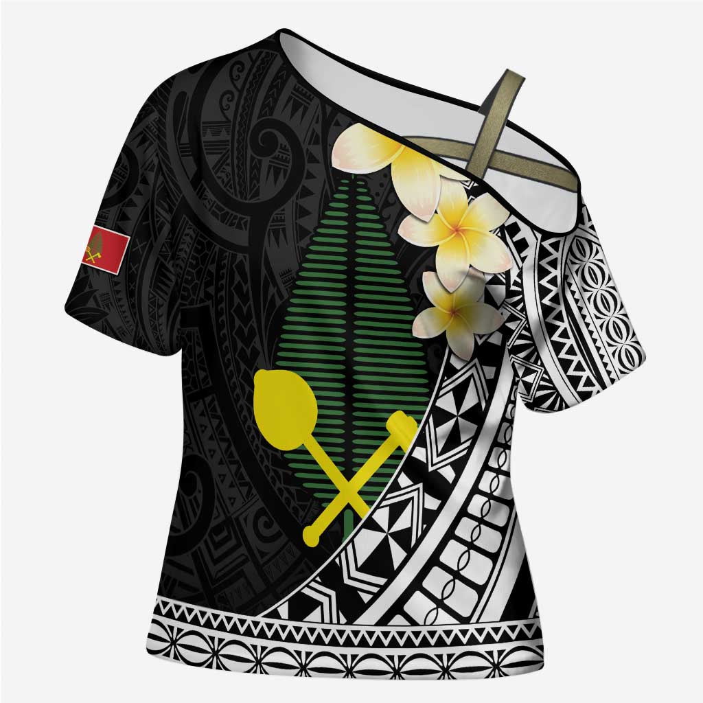 Alo Chiefdom Wallis and Futuna Personalized Cross Shoulder Shirt Frangipani Flowers Polynesian Pattern LT9 Female Black - Polynesian Pride