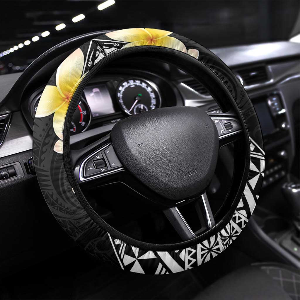 Alo Chiefdom Wallis and Futuna Steering Wheel Cover Frangipani Flowers Polynesian Pattern LT9 Universal Fit Black - Polynesian Pride