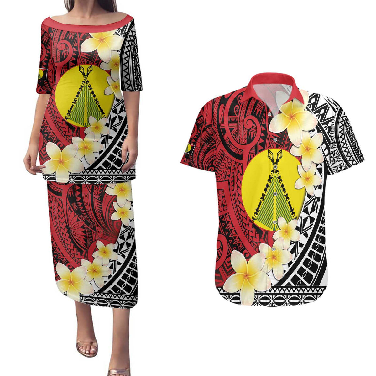 Sigave Chiefdom Wallis and Futuna Personalized Couples Matching Puletasi and Hawaiian Shirt Frangipani Flowers Polynesian Pattern